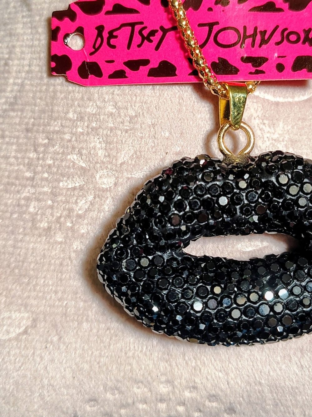 Betsey Johnson Gold Chain Black Crystal Lip Pendant Necklace